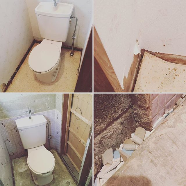 #汚トイレ#ビフォー#空き家再生 カビ臭すぎるトイレ。クロス剥がれかけをめくったら、カビがひどくて、ベニヤ板壁を全部外したら、、タイルと砂壁出現。廊下側は空洞。カビ臭さはなくなった。とりあえず汚い便器を毎日少しずつ磨きつつ、1ヶ月放置。。 やっとやる気になって、まずは床の隙間に割れた茶碗と欠けたタイルを詰めて、セメントで隙間埋め。来週までに床出来上がるかな〜笑